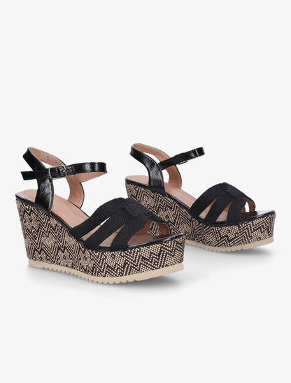 Sandales compensées en simili et tissu - Noir - 4