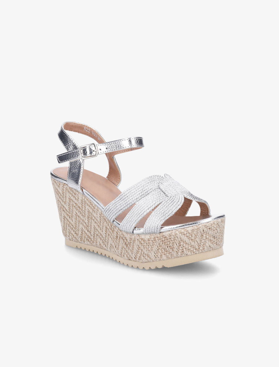 Sandales compensées en simili et tissu - Argent - 2