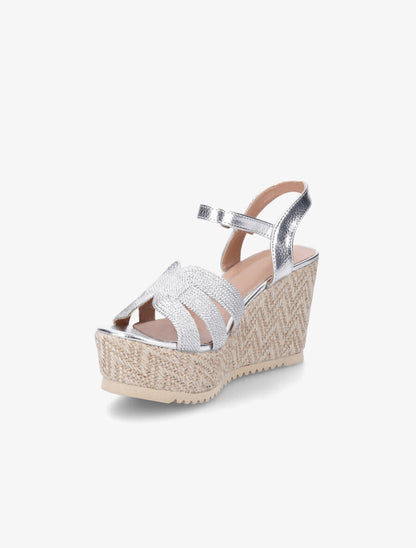 Sandales compensées en simili et tissu - Argent - 3