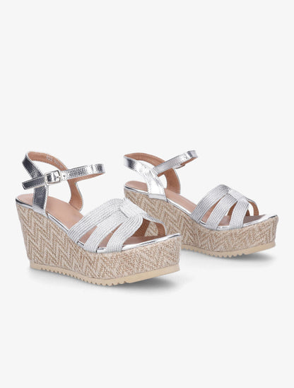 Sandales compensées en simili et tissu - Argent - 4