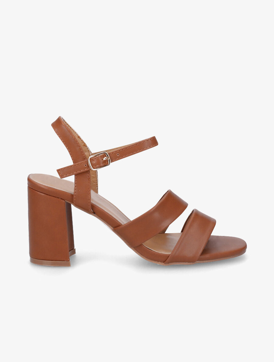 Sandales à talon et double brides en simili - Camel - 1