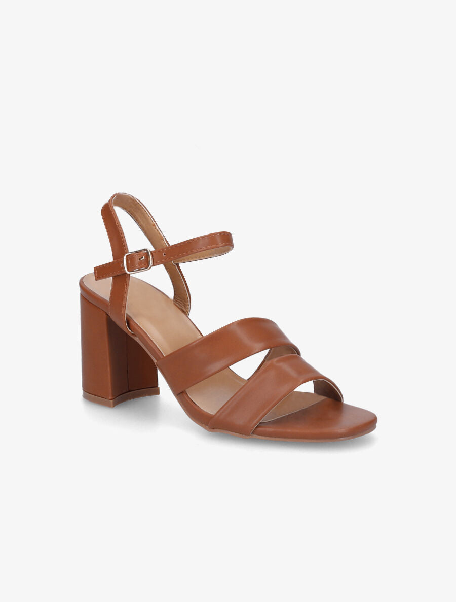 Sandales à talon et double brides en simili - Camel - 2