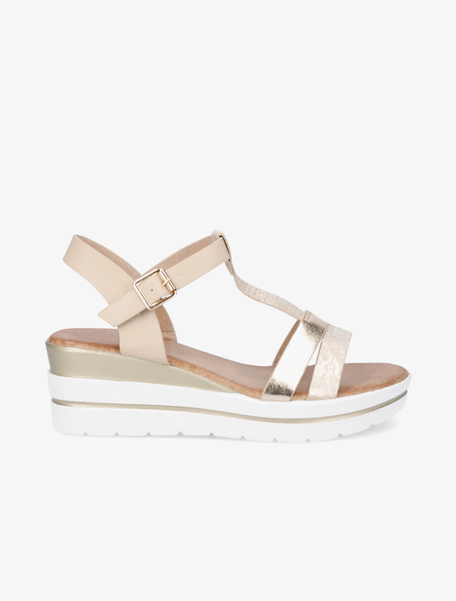 Sandales compensées bride en T croco - Or - 5