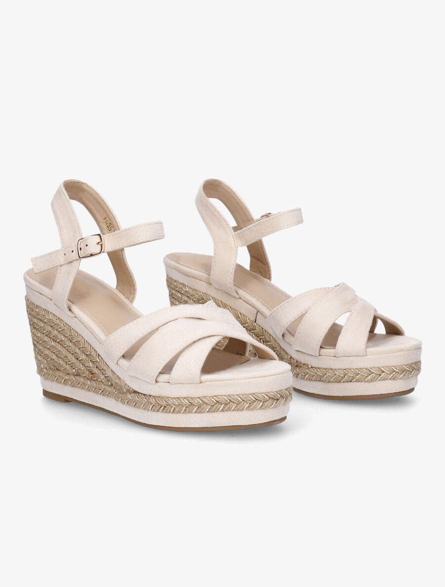 Sandales compensées tressées en suédine - Beige - 4