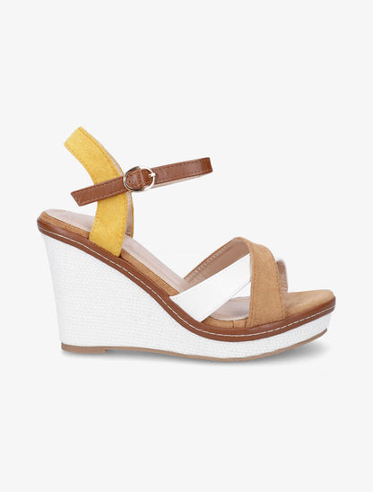 Sandales compensées croisées bi-matière - Camel/jaune - 5