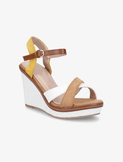 Sandales compensées croisées bi-matière - Camel/jaune - 2