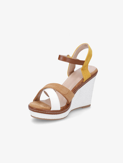 Sandales compensées croisées bi-matière - Camel/jaune - 3