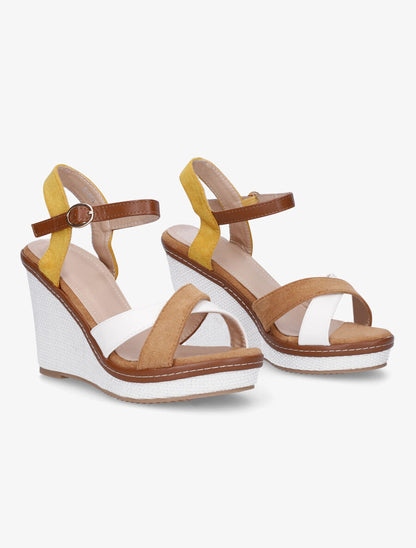 Sandales compensées croisées bi-matière - Camel/jaune - 4