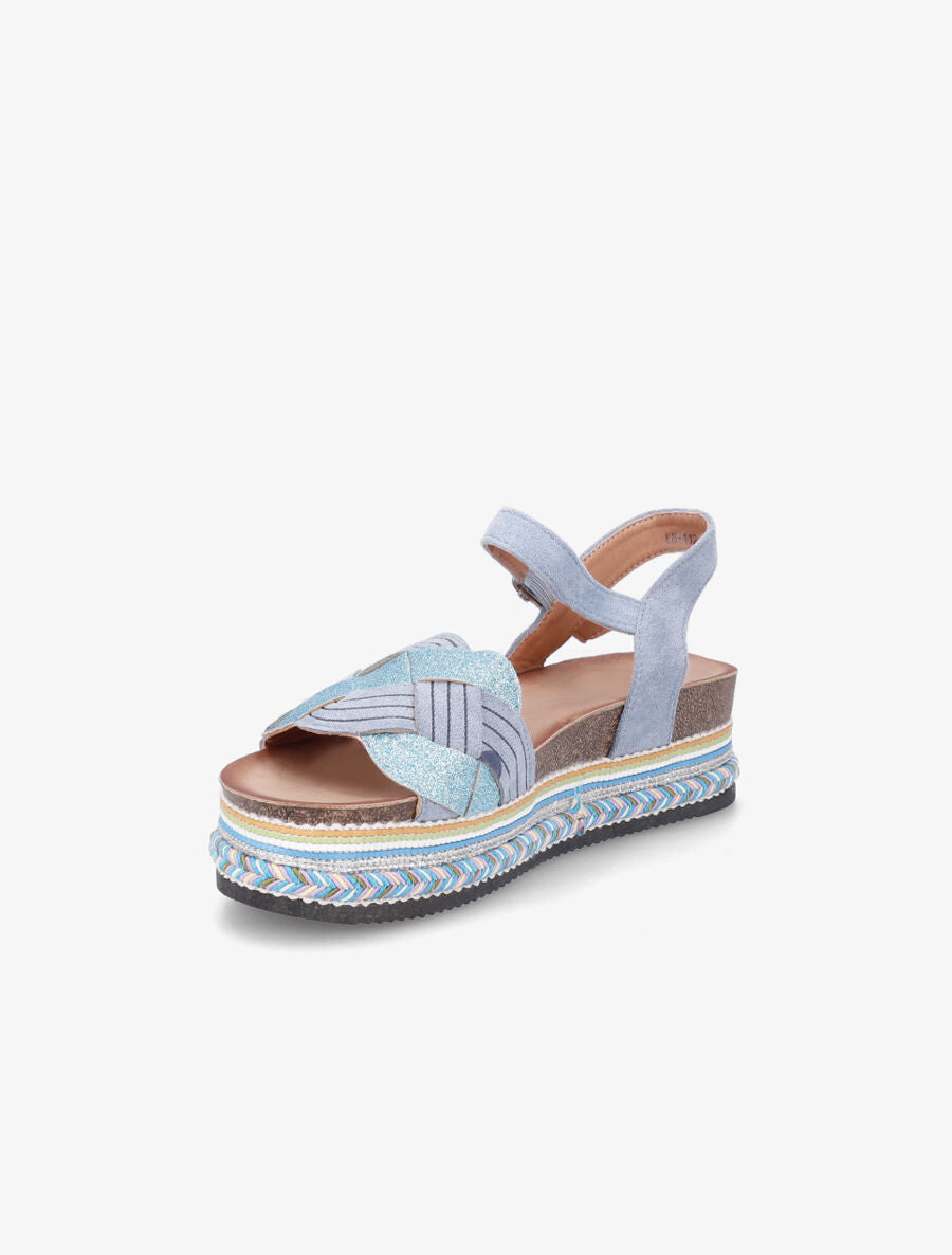 Sandales compensées tressées à paillettes - Bleu clair - 3
