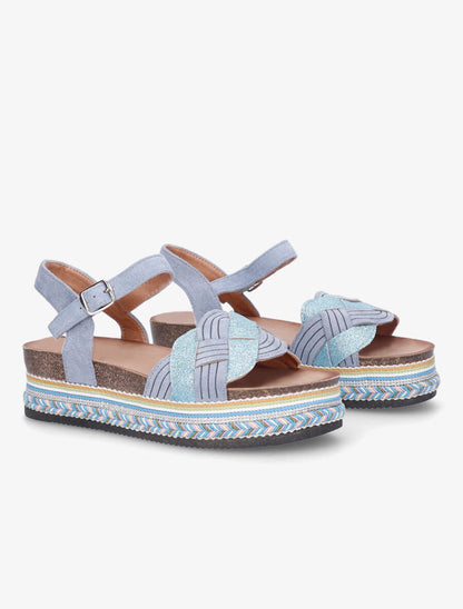 Sandales compensées tressées à paillettes - Bleu clair - 4