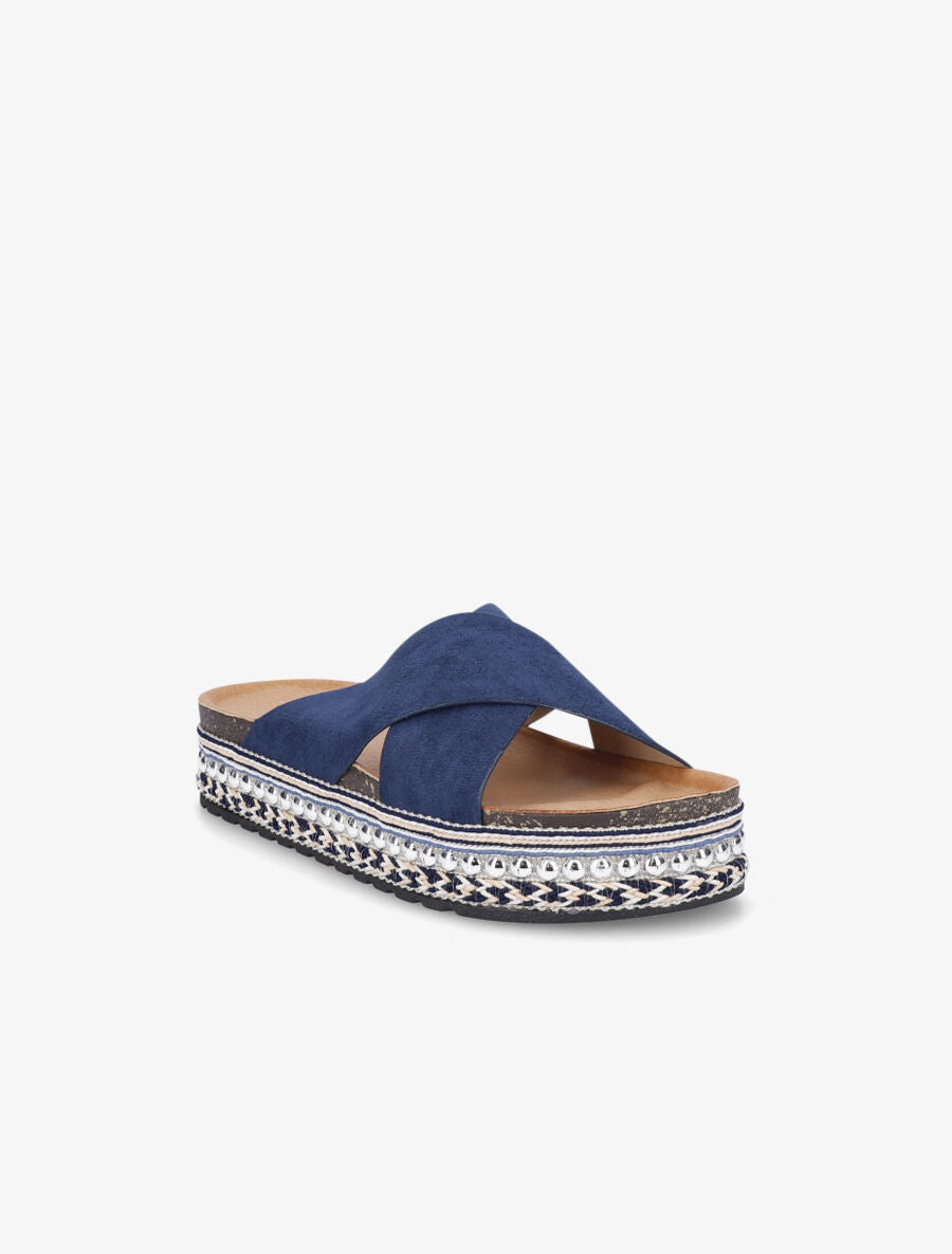Claquettes à ganses croisées et semelle stylisée - Marine - 2