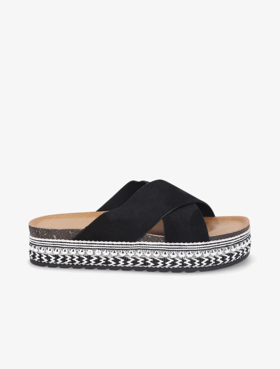 Claquettes à ganses croisées et semelle stylisée - Noir - 5