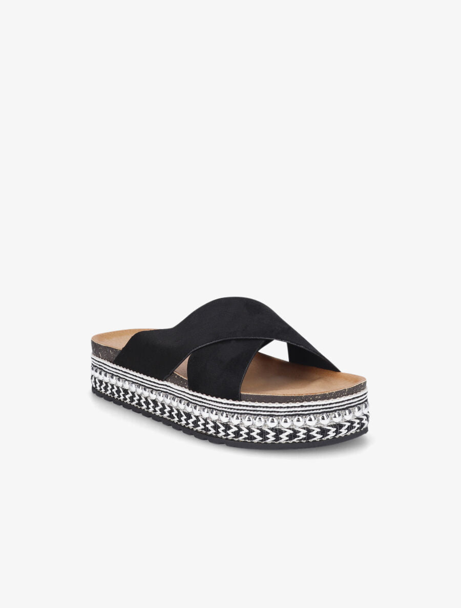 Claquettes à ganses croisées et semelle stylisée - Noir - 2