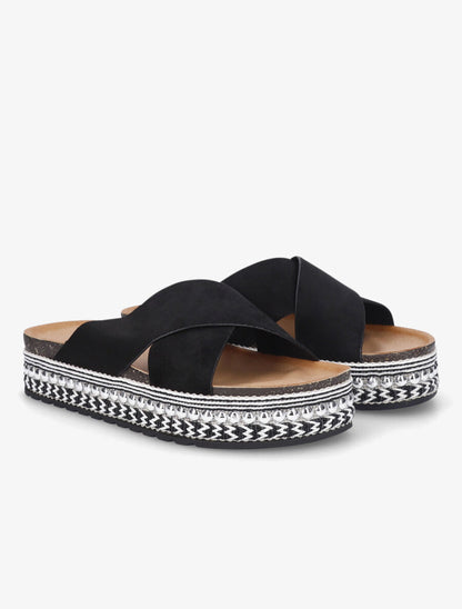 Claquettes à ganses croisées et semelle stylisée - Noir - 4