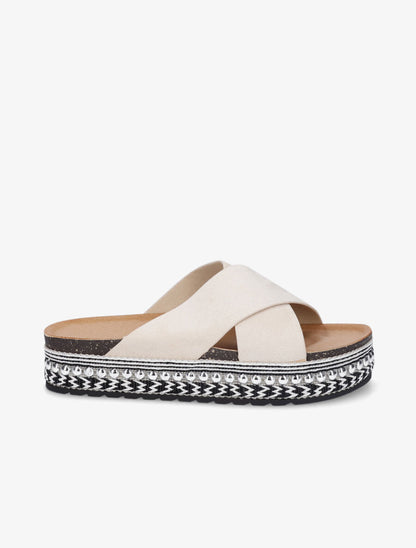 Claquettes à ganses croisées et semelle stylisée - Beige - 5