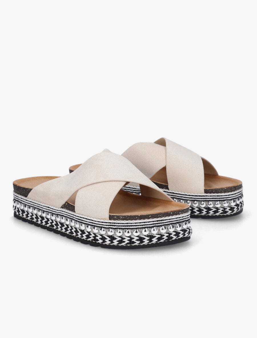 Claquettes à ganses croisées et semelle stylisée - Beige - 4