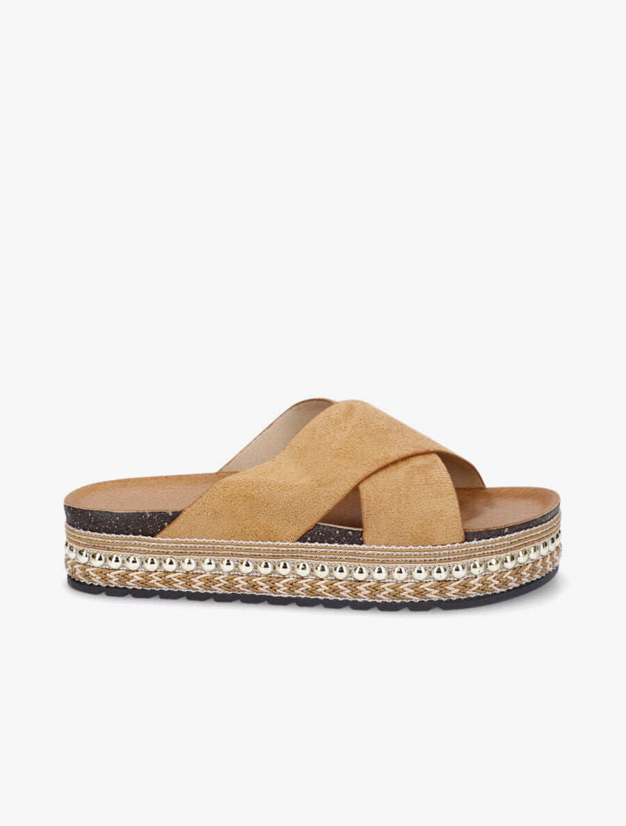 Claquettes à ganses croisées et semelle stylisée - Camel - 1