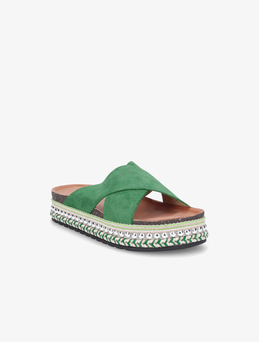 Claquettes à ganses croisées et semelle stylisée - Vert - 2