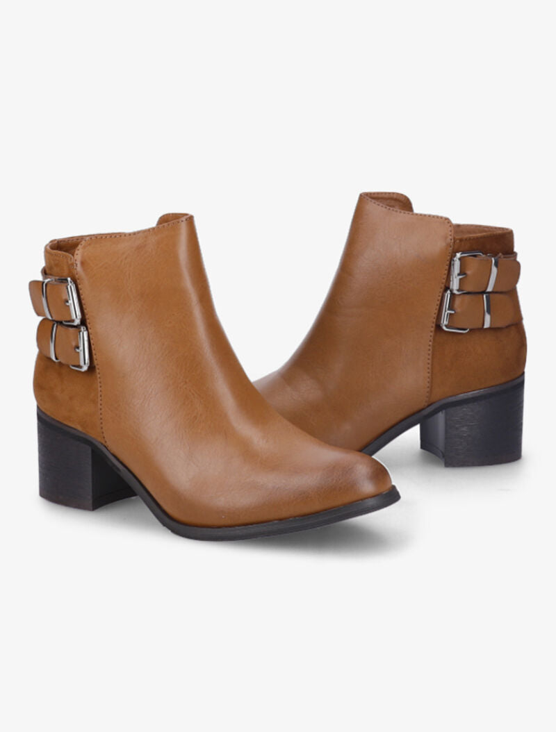 Bottines à talon en simili à double boucles argentées - Camel - 1