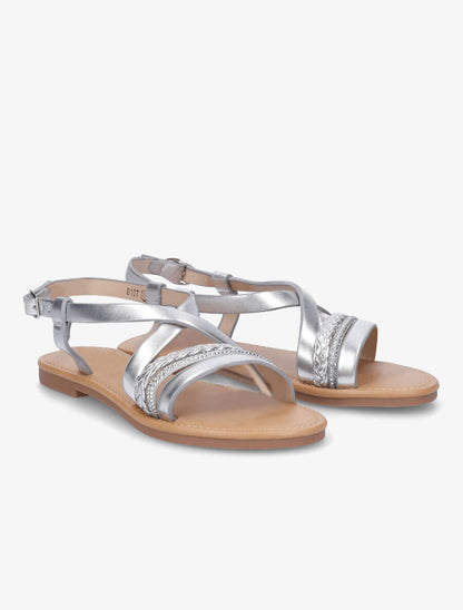 Nu-pieds en simili à bride tressée et strass - Argent - 4
