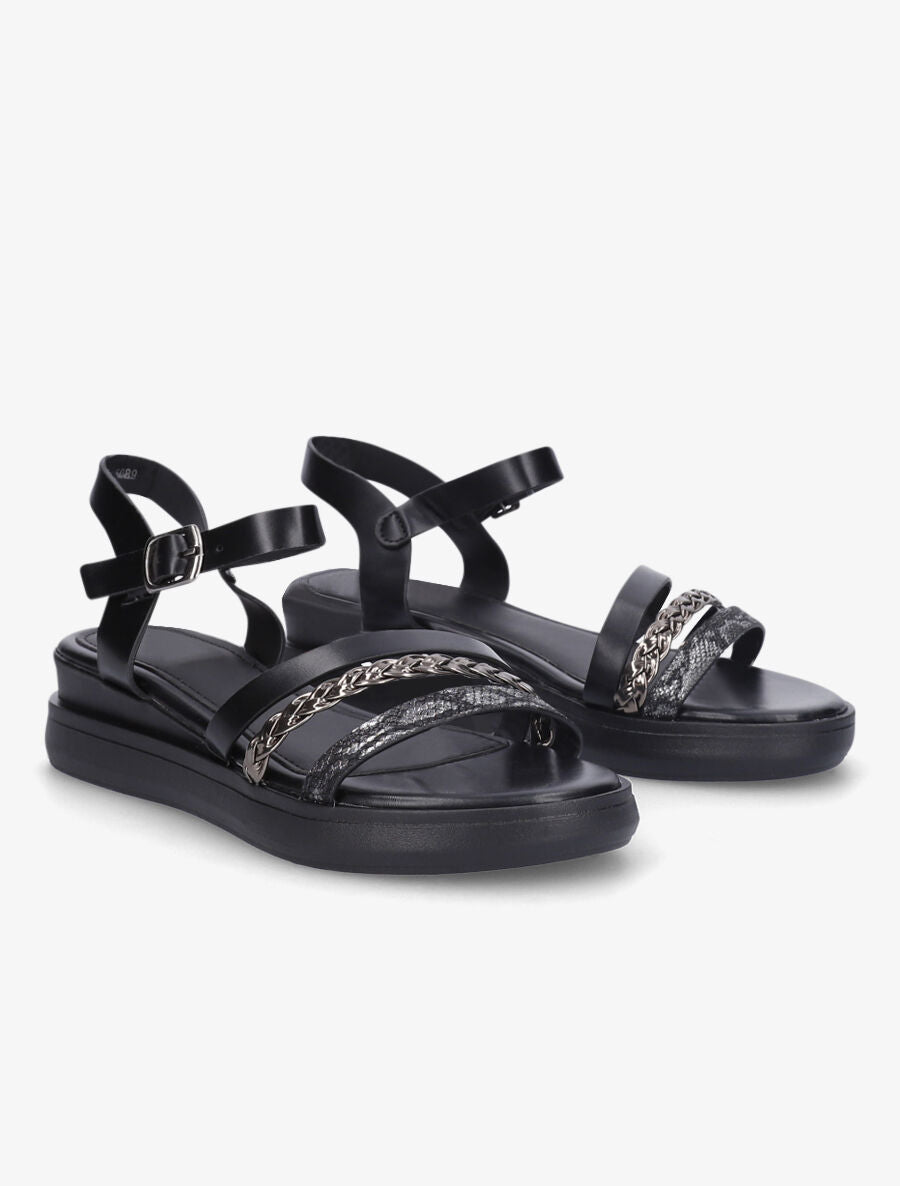 Sandales compensées triple brides fantaisies - Noir - 4