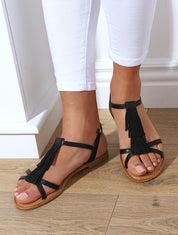 Nu-pieds en simili et franges en suédine - Noir - 1