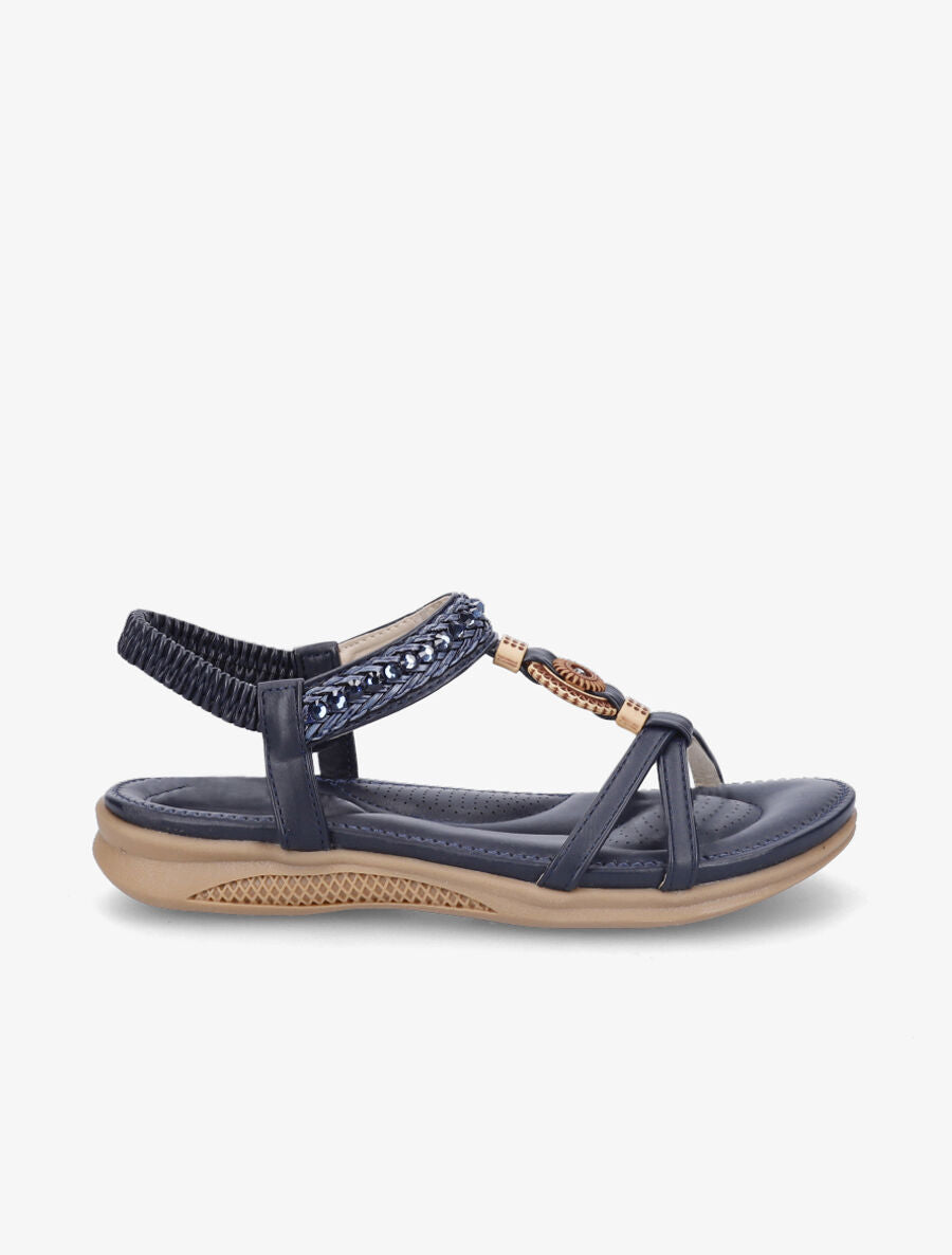 Nu-pieds à empiècement effet bois et strass - Marine - 5
