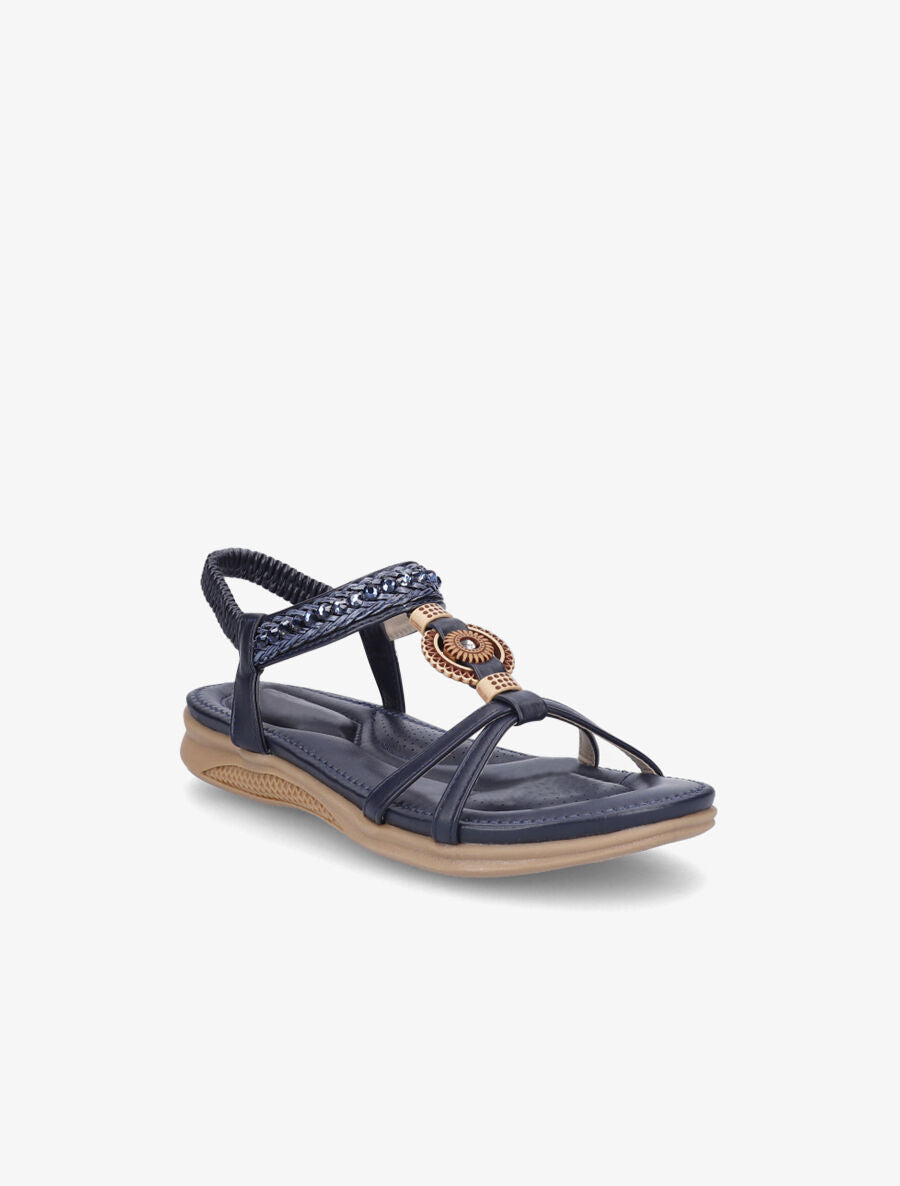 Nu-pieds à empiècement effet bois et strass - Marine - 2