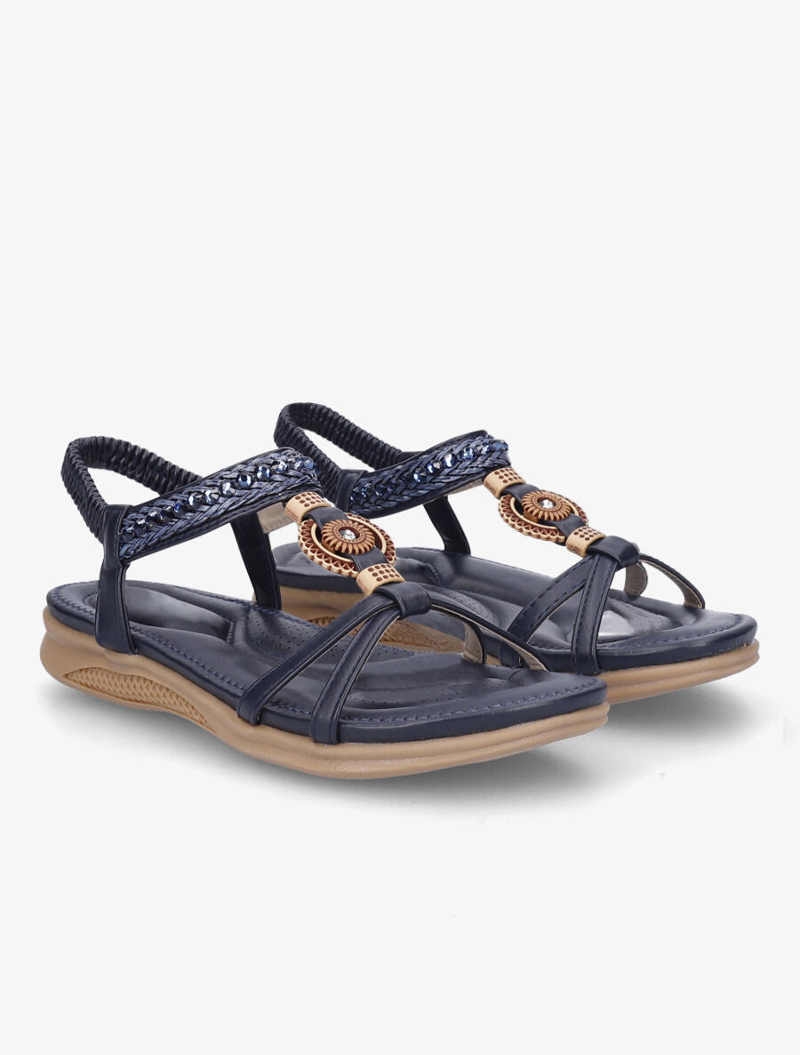Nu-pieds à empiècement effet bois et strass - Marine - 4