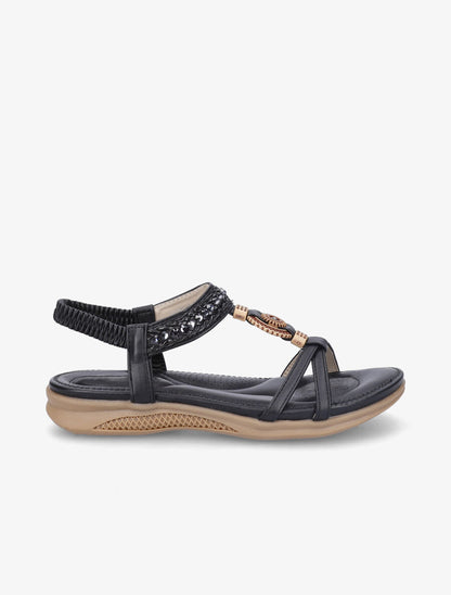 Nu-pieds à empiècement effet bois et strass - Noir - 1