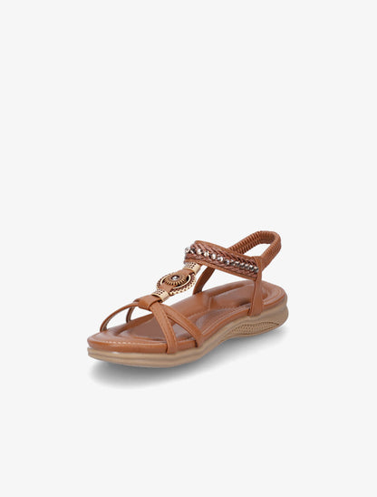 Nu-pieds à empiècement effet bois et strass - Camel - 3