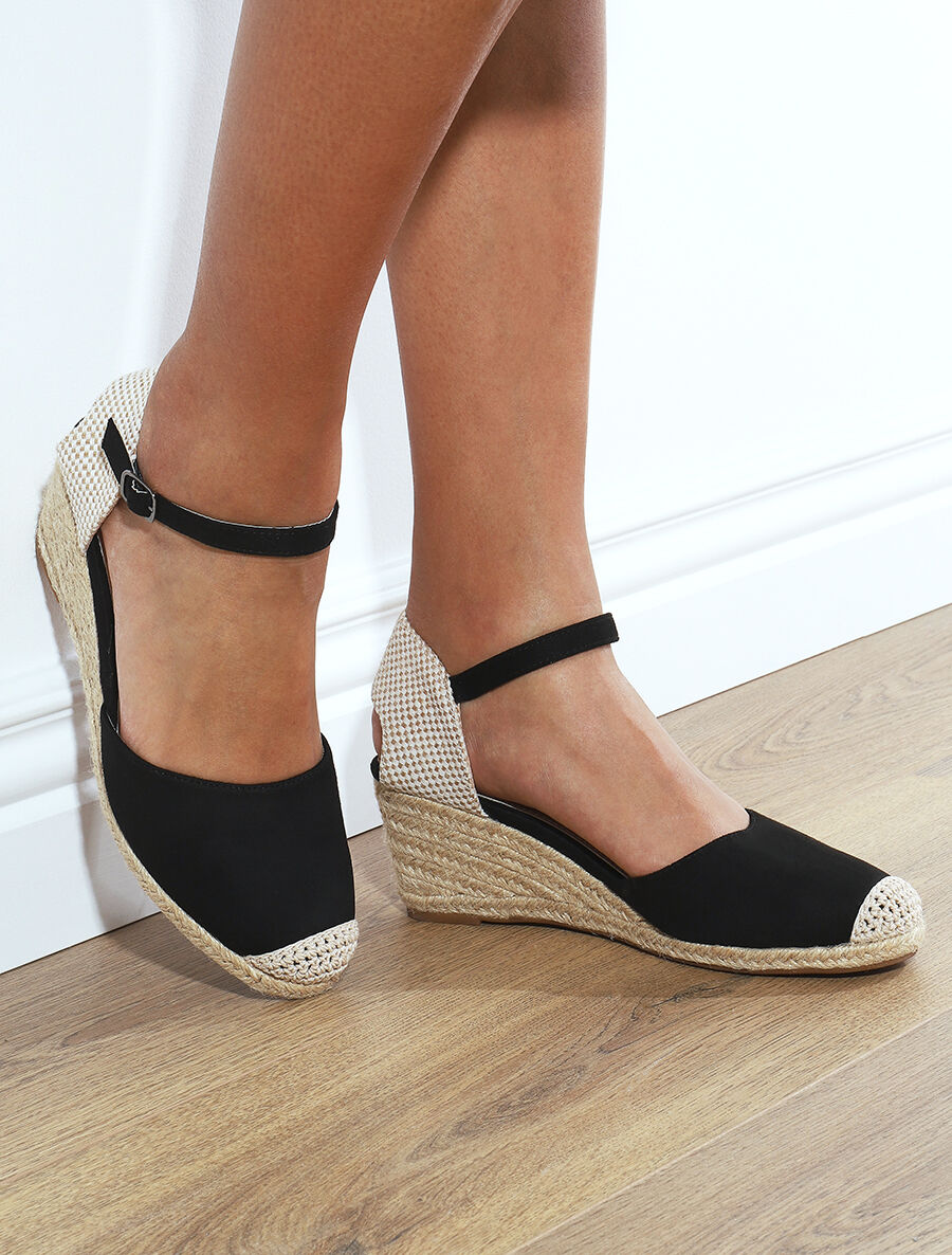 Sandales compensées bi-matière style espadrilles - Noir - 1