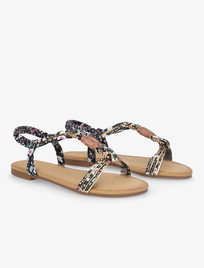 Nu-pieds imprimés à empiècements bois - Noir - 5