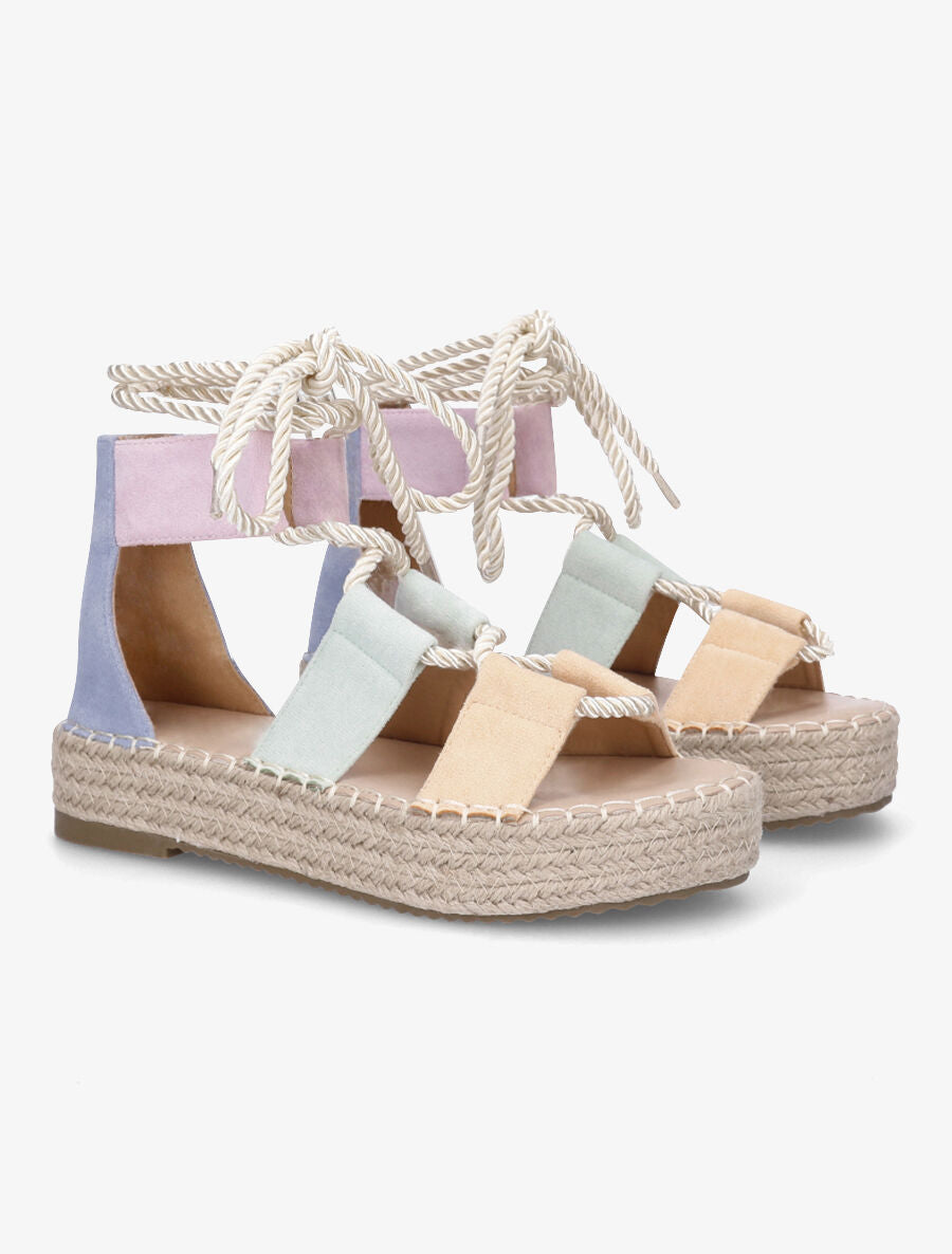 Compensées multicolore à lacets et semelle raphia - Bleu - 4