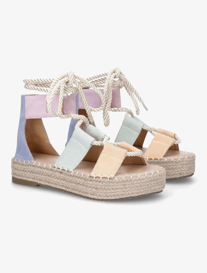 Compensées multicolore à lacets et semelle raphia - Bleu - 4