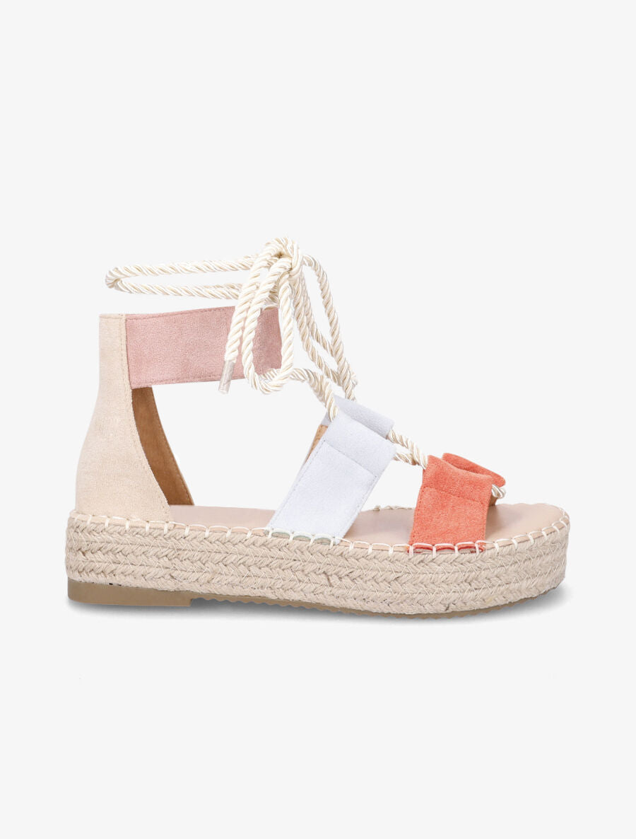 Compensées multicolore à lacets et semelle raphia - Beige - 1
