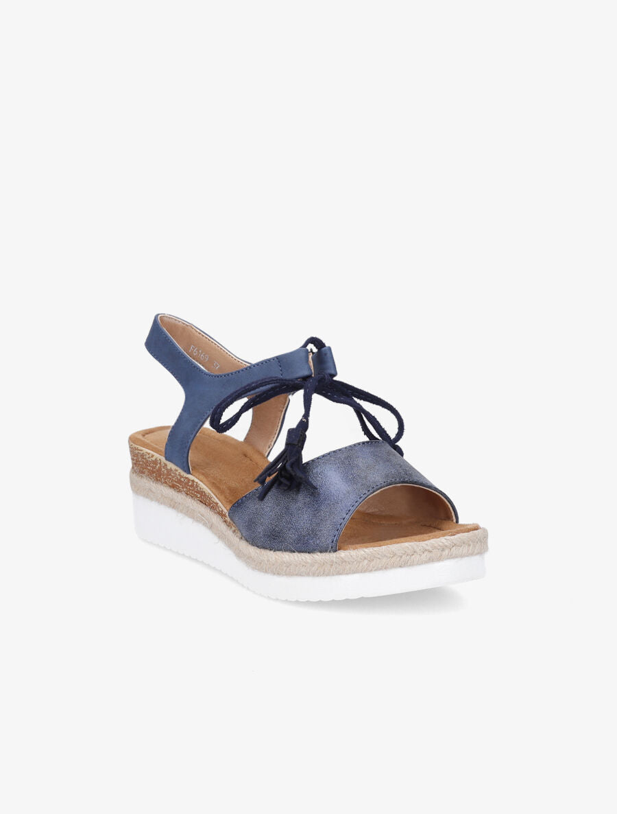 Sandales compensées à lacets et pompons - Bleu - 2