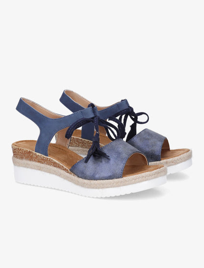Sandales compensées à lacets et pompons - Bleu - 4