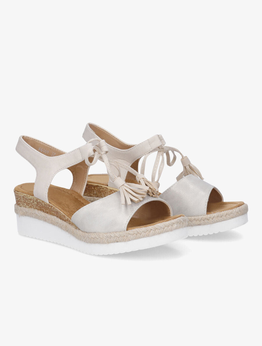 Sandales compensées à lacets et pompons - Beige - 4