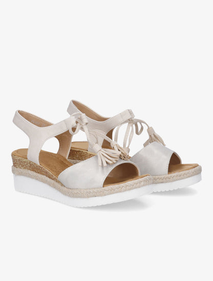 Sandales compensées à lacets et pompons - Beige - 4