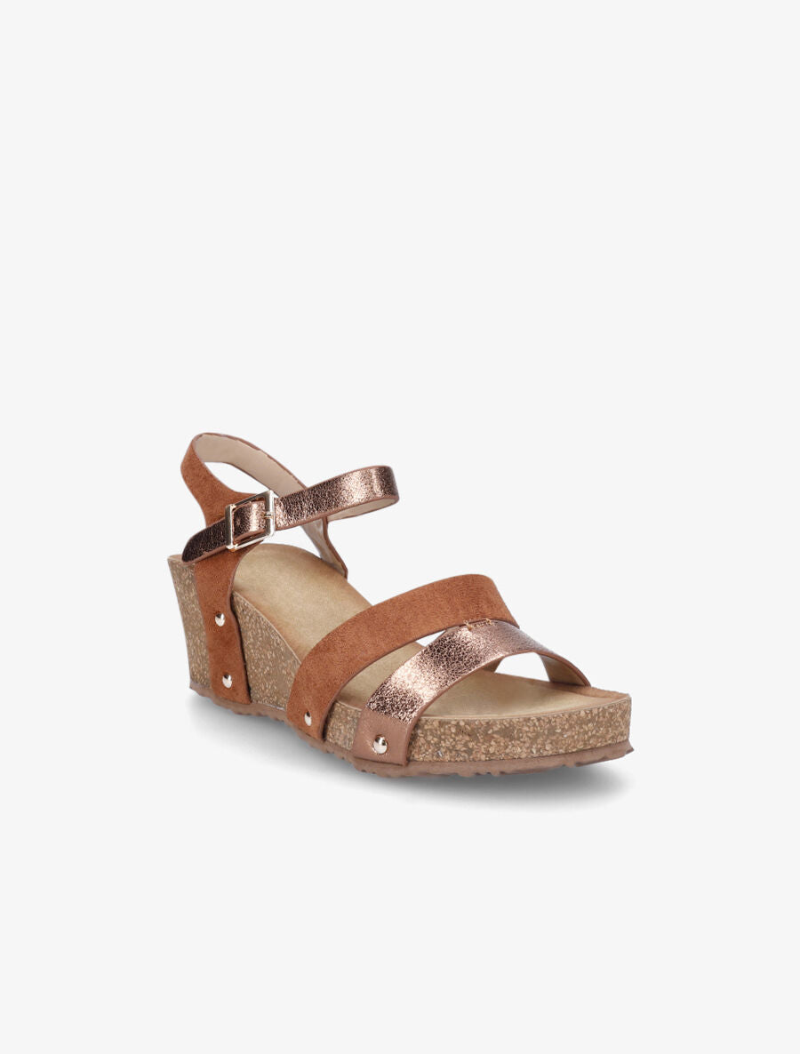 Sandales compensées effet liège et ganses bi-matière - Camel - 2