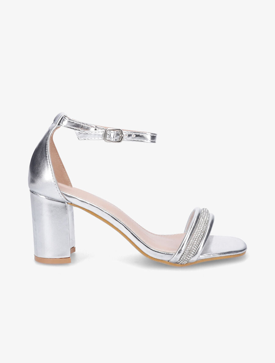 Sandales en simili à talon et brides avec strass - Argent - 1