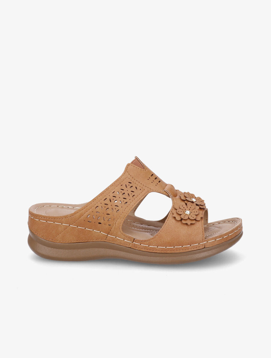 Mules compensées à fleurs - Camel - 5