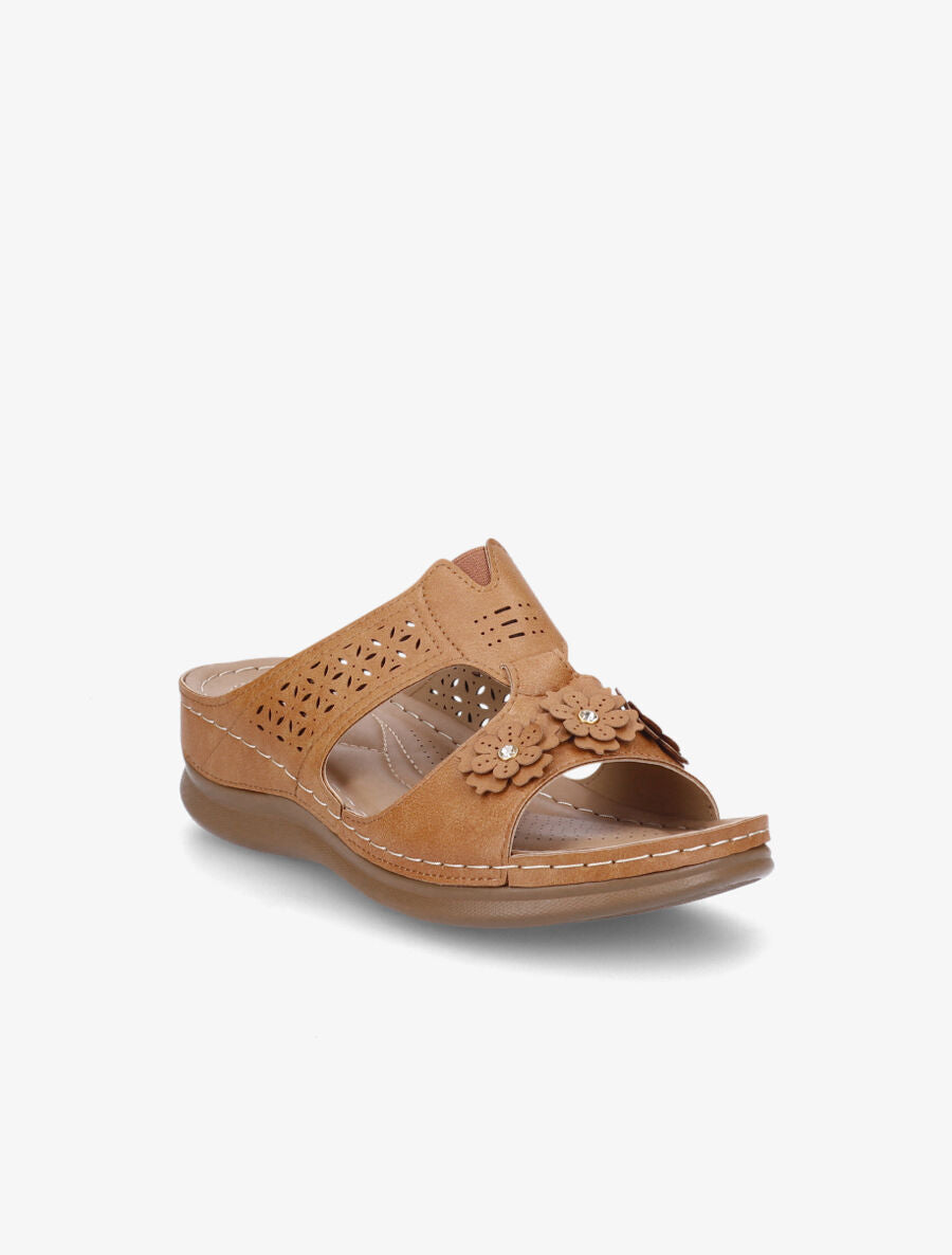 Mules compensées à fleurs - Camel - 2