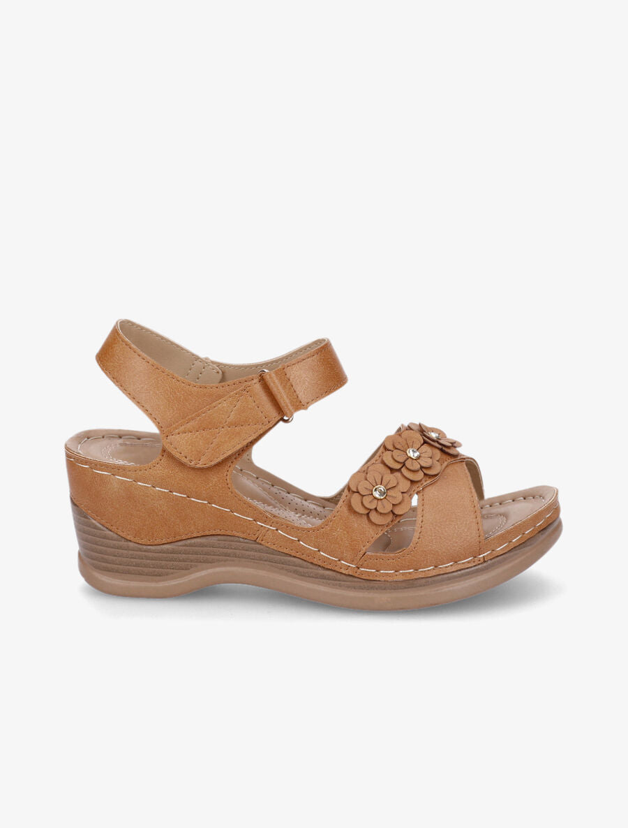 Sandales compensées à fleurs et strass - Camel - 5