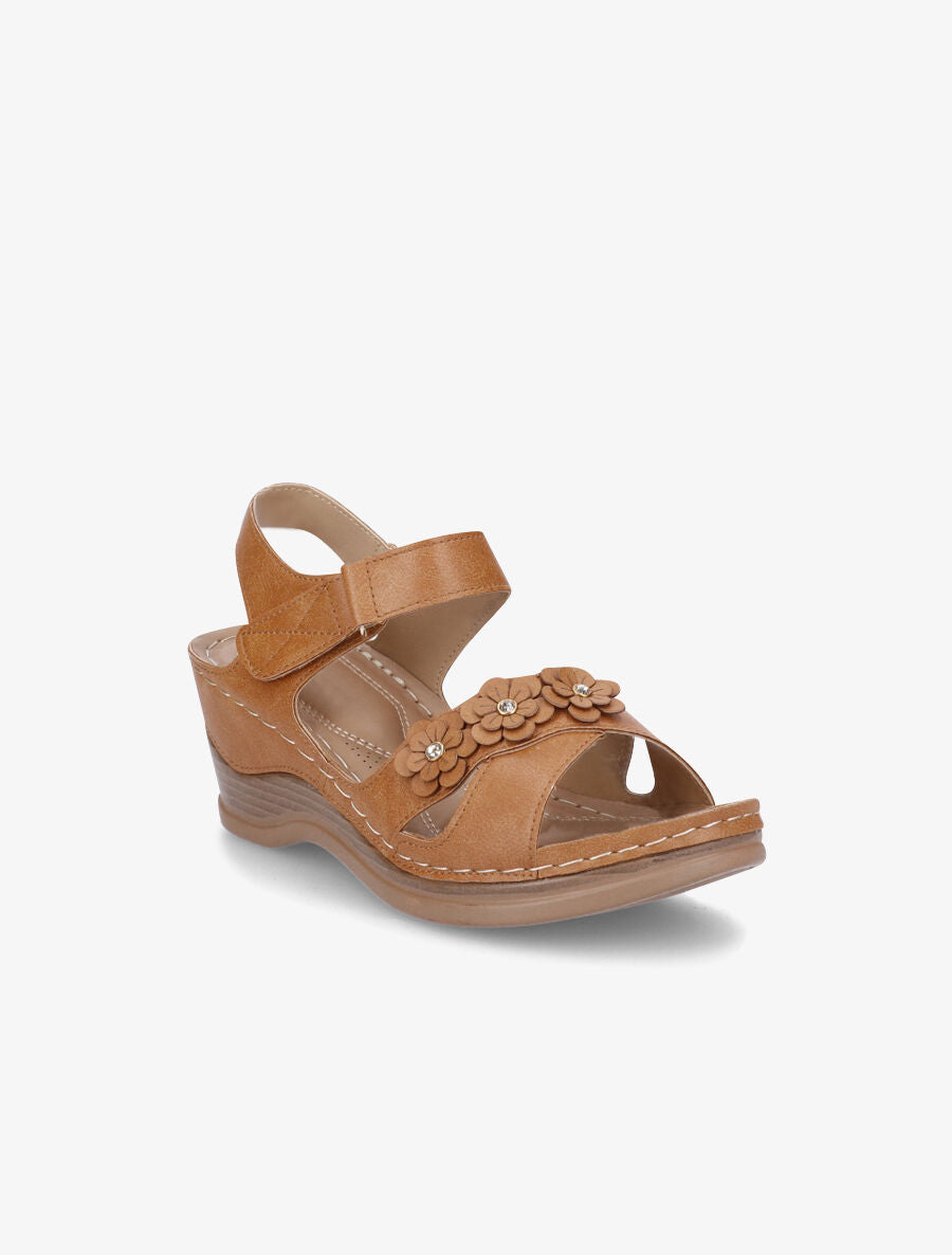 Sandales compensées à fleurs et strass - Camel - 2