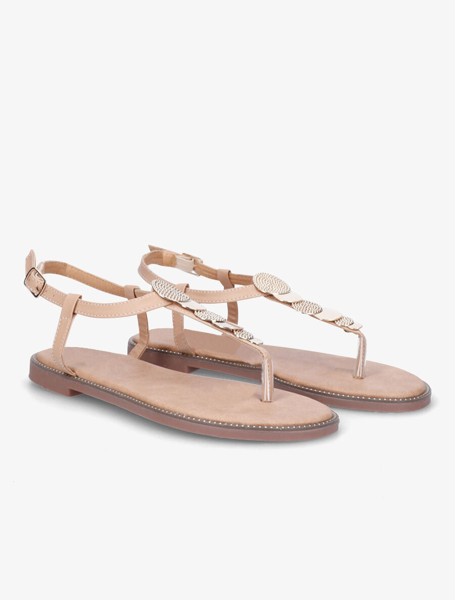 Nu-pieds en T et empiècement bijoux - Beige - 4