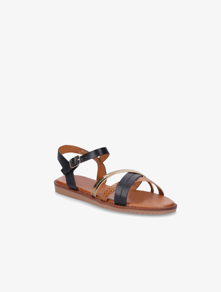Nu-pieds à brides croisées unies et effet python - Noir - 2