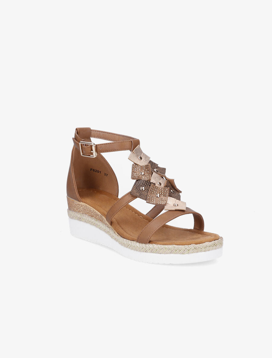 Sandales compensées mi-hautes à strass - Camel - 2