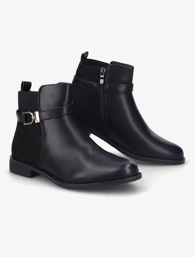 Bottines bi-matière à bride à boucle dorée - Noir - 5